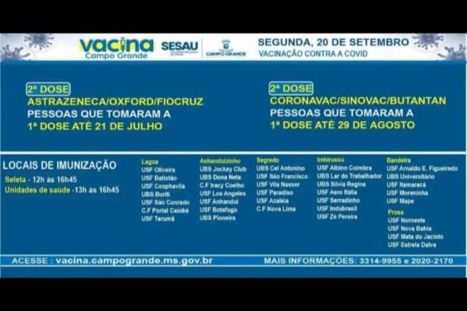 Vacinação contra a Covid-19 será apenas para a aplicação da segunda dose nesta segunda-feira; confira
